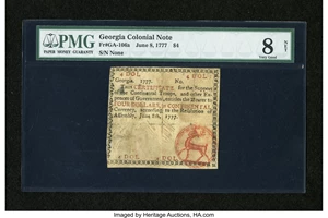 image for: Georgia June 8, 1777 $4 PMG Very Good 8 Net....