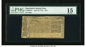 image for: Maryland April 10, 1774 $1/6 PMG Choice Fine 15....