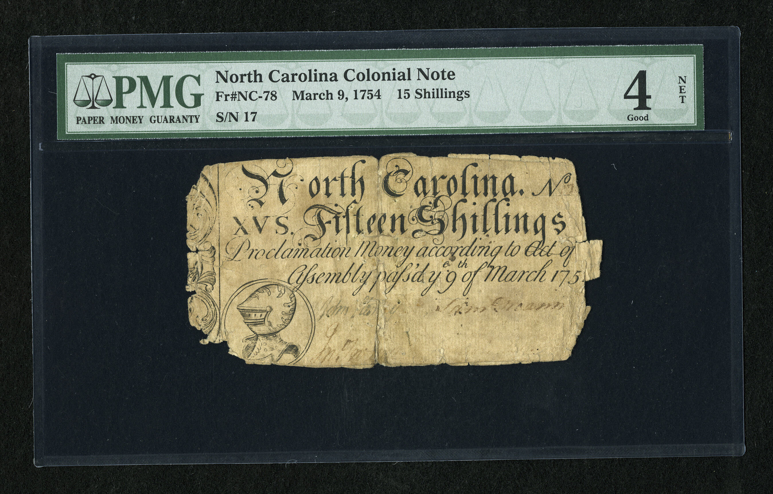 image for: North Carolina March 9, 1754 15s PMG Good 4 Net....