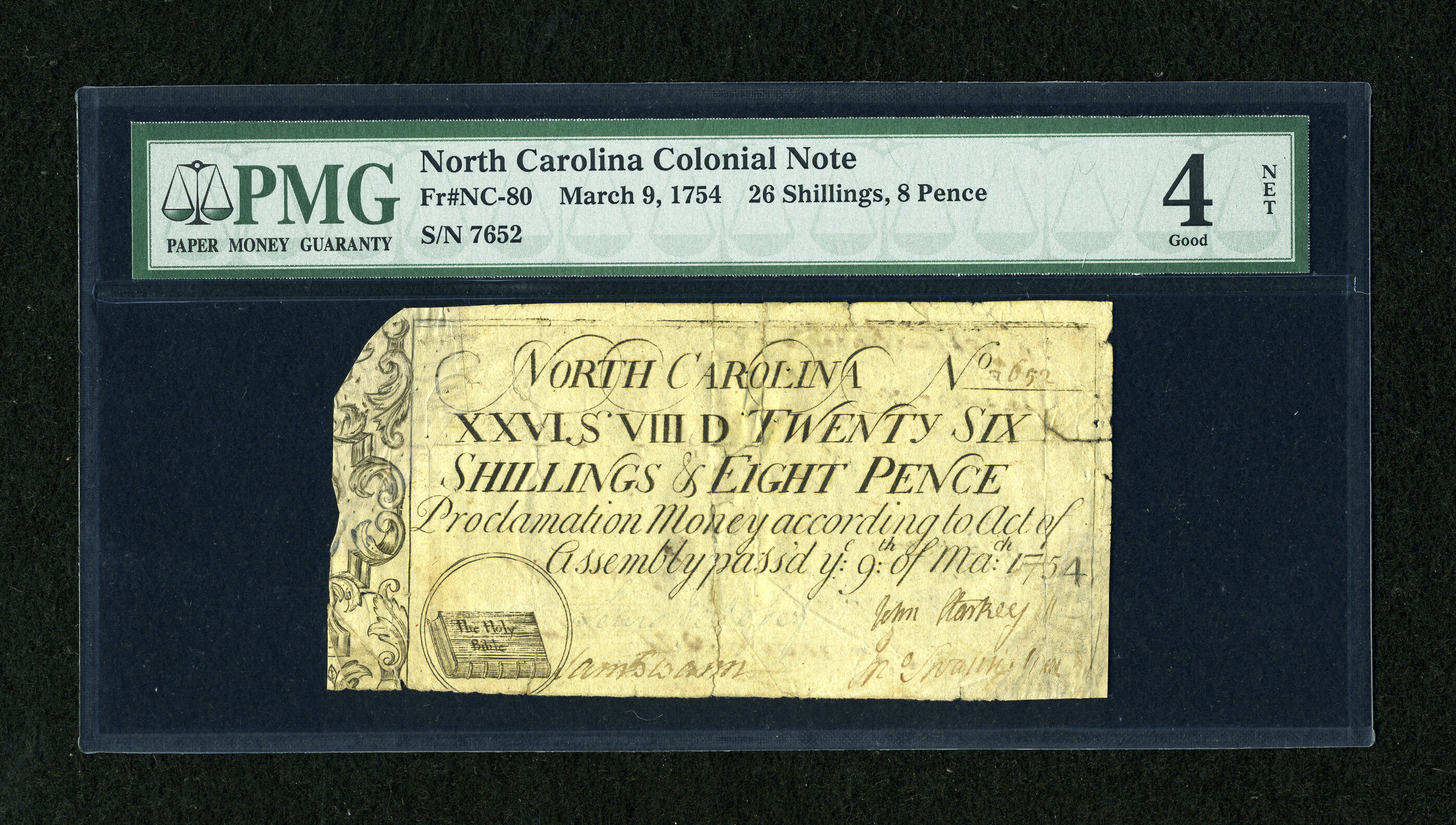 image for: North Carolina March 9, 1754 26s/8d PMG Net Good 4....