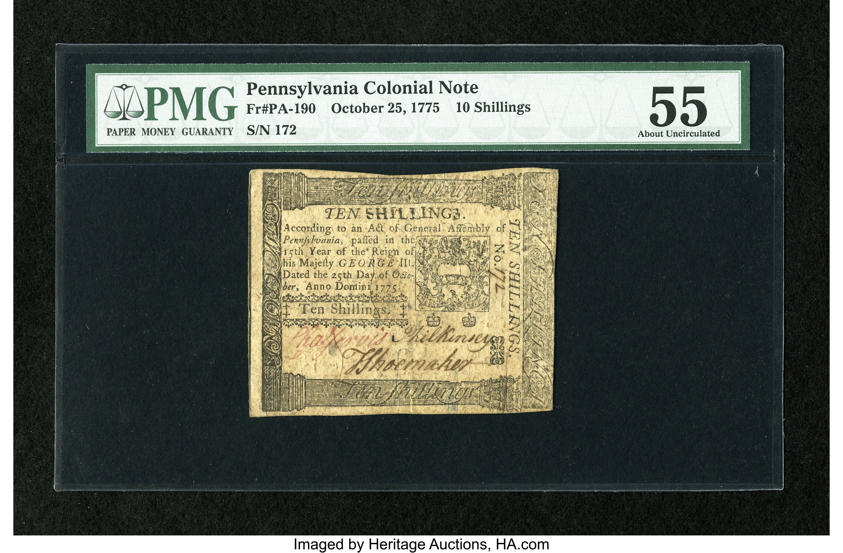 image for: Pennsylvania October 25, 1775 10s PMG About Uncirculated 55....