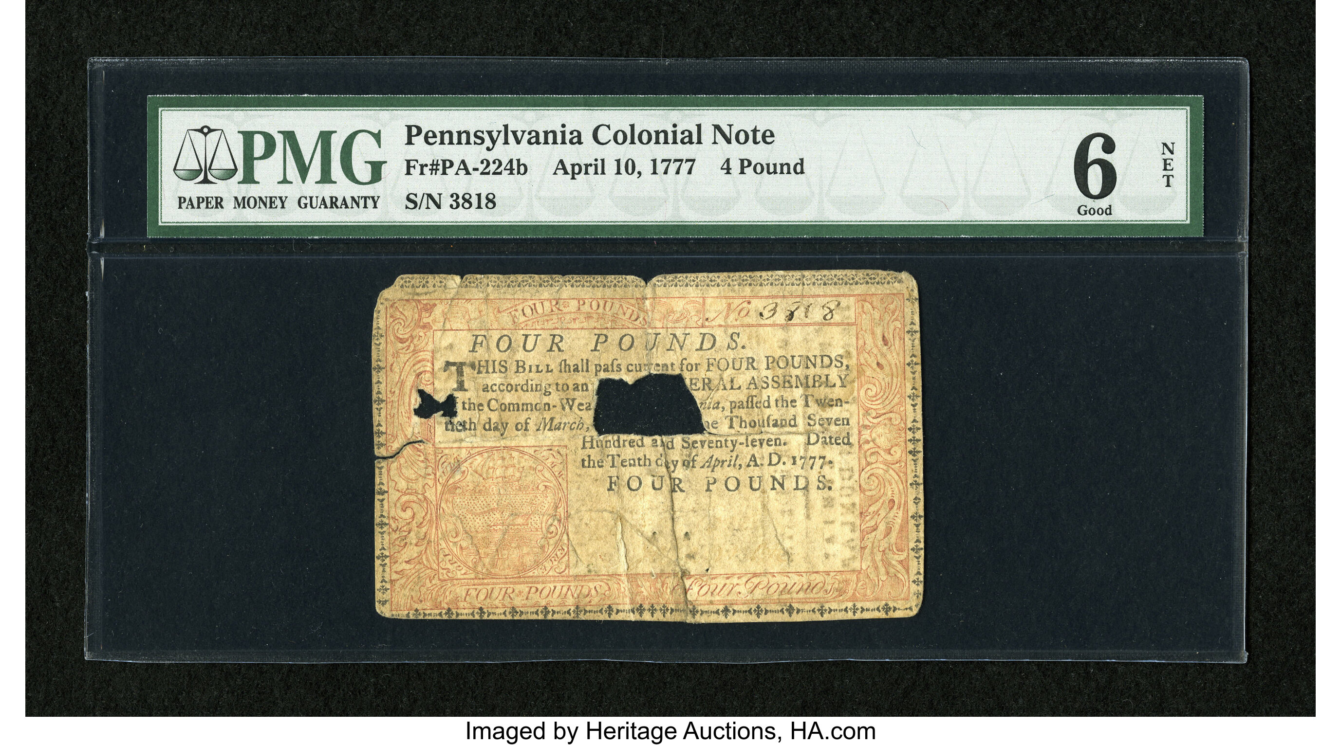 image for: Pennsylvania April 10, 1777 L4 PMG Good 6 Net....