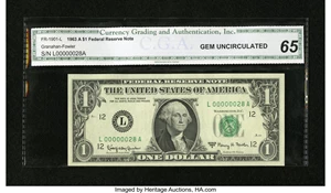 image for: Low Serial Number Fr. 1901-L $1 1963A Federal Reserve Note. CGA Gem Uncirculated 65....