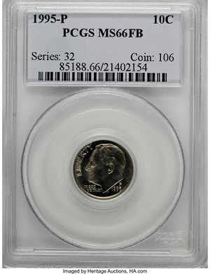 image for: 1995-P 10C MS66 Full Bands PCGS. PCGS Population (8/11). NGC Census: (0/0). Mintage: 1,125,500,032. (#85188)...