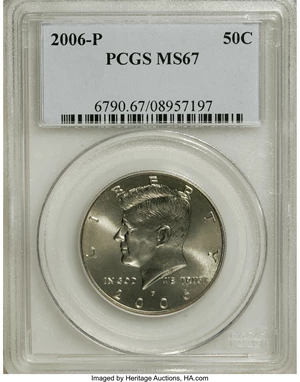 image for: 2006-P 50C Kennedy MS67 PCGS. NGC Census: (0/0). PCGS Population (127/14). Numismedia Wsl. Price for NGC/PCGS coin in MS67...