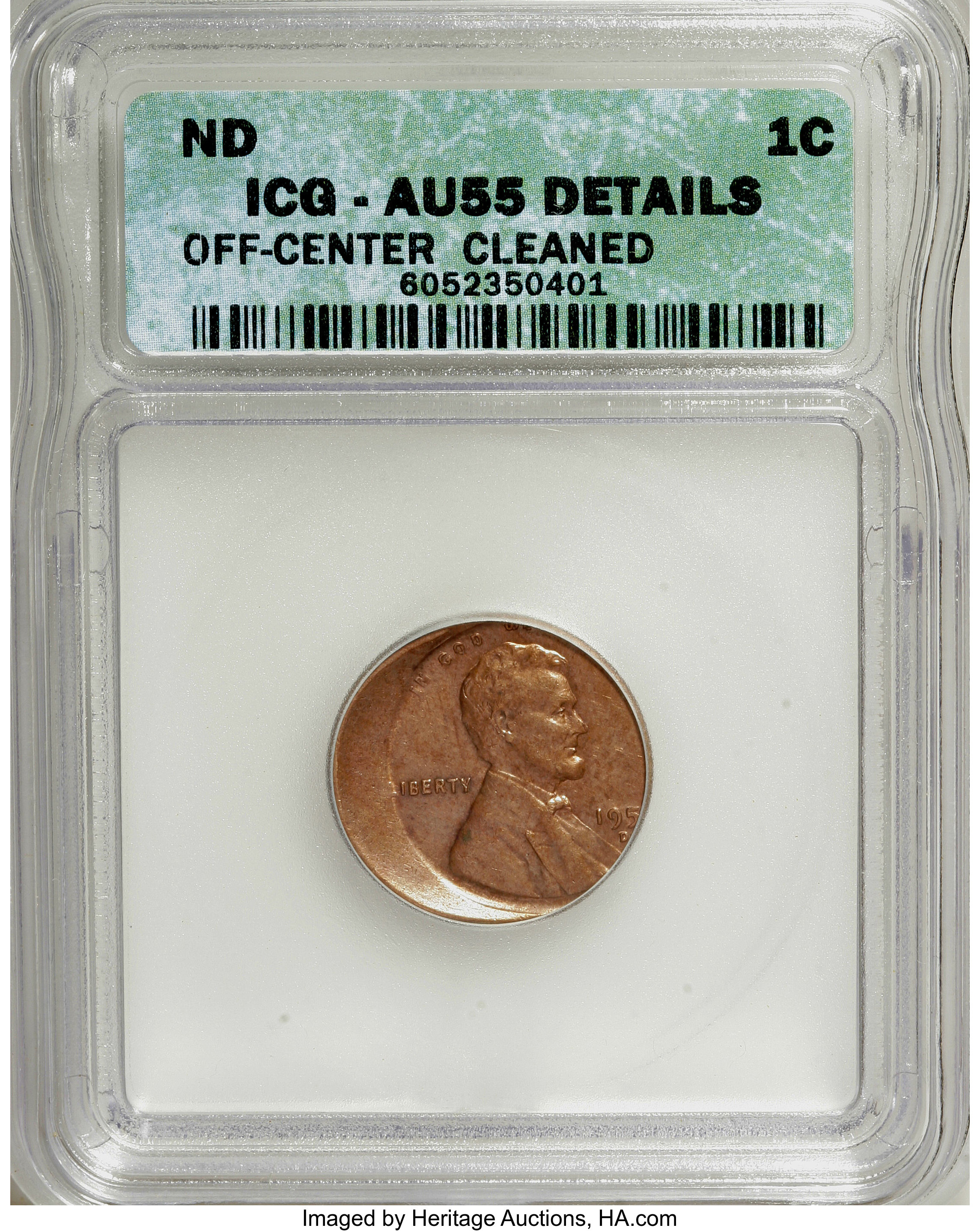 ND 1C Lincoln Cent--Cleaned, Off Center--ICG. AU55 Details. ...