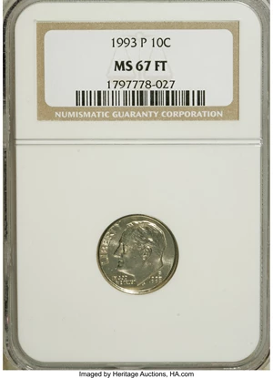 image for: 1993-P 10C MS67 Full Bands NGC. NGC Census: (0/0). PCGS Population (12/0). Mintage: 766,179,968. (#85184)...