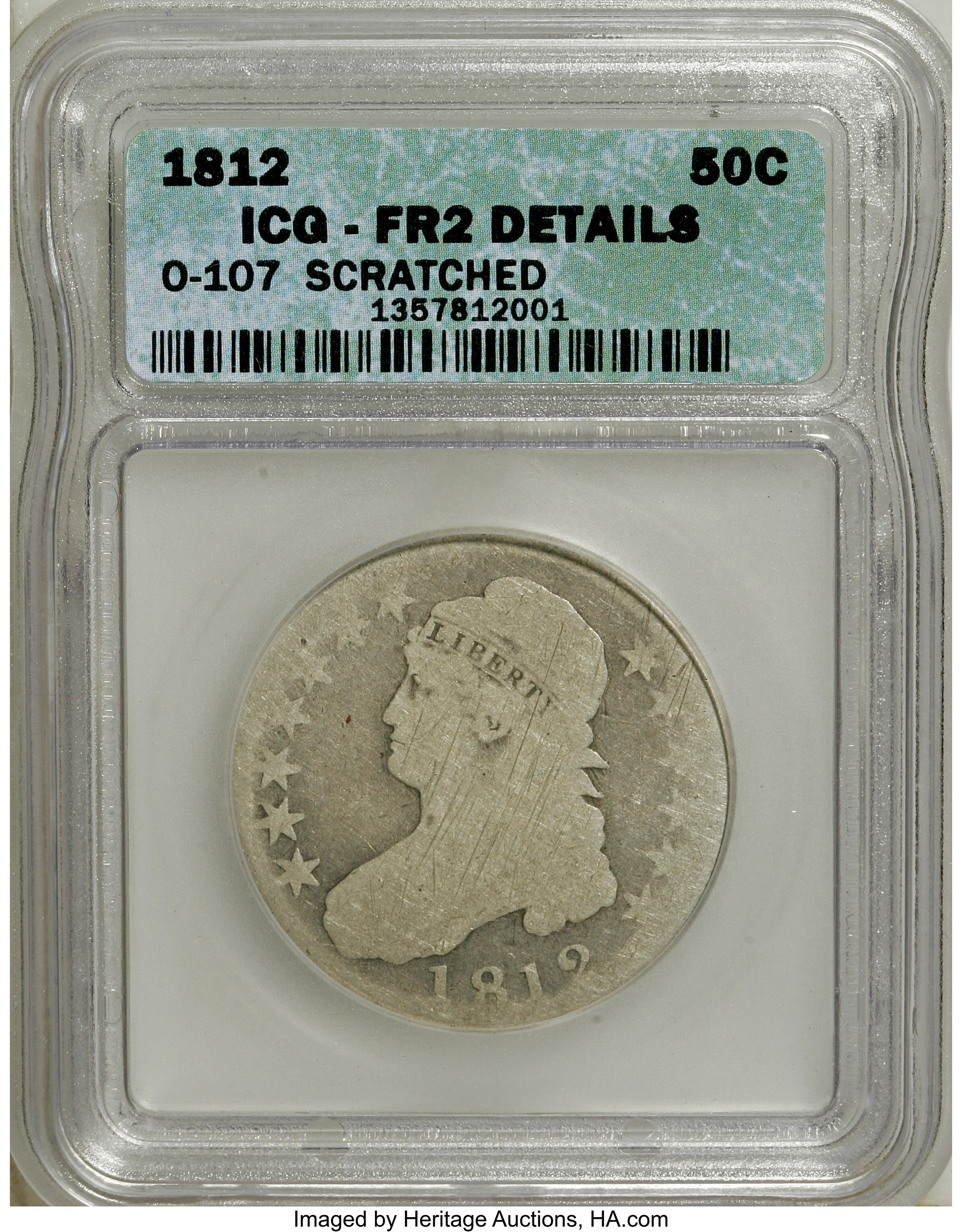 1812 50C --Scratched--ICG. Fair 2 Details. O-107. NGC Census: (0/657). PCGS Population (0/634). Mintage: 1,628,059. Numisme...