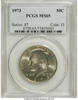 image for: 1973 50C MS65 PCGS. PCGS Population (60/128). NGC Census: (41/28). Mintage: 64,964,000. Numismedia Wsl. Price for NGC/PCGS ...
