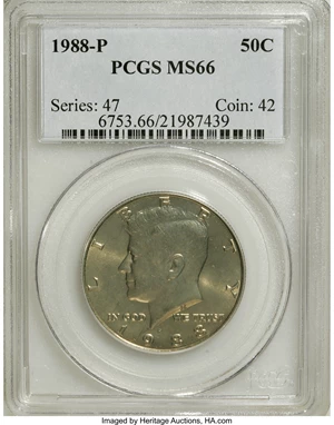 image for: 1988-P 50C MS66 PCGS. PCGS Population (136/55). NGC Census: (37/32). Mintage: 13,626,000. Numismedia Wsl. Price for NGC/PCG...