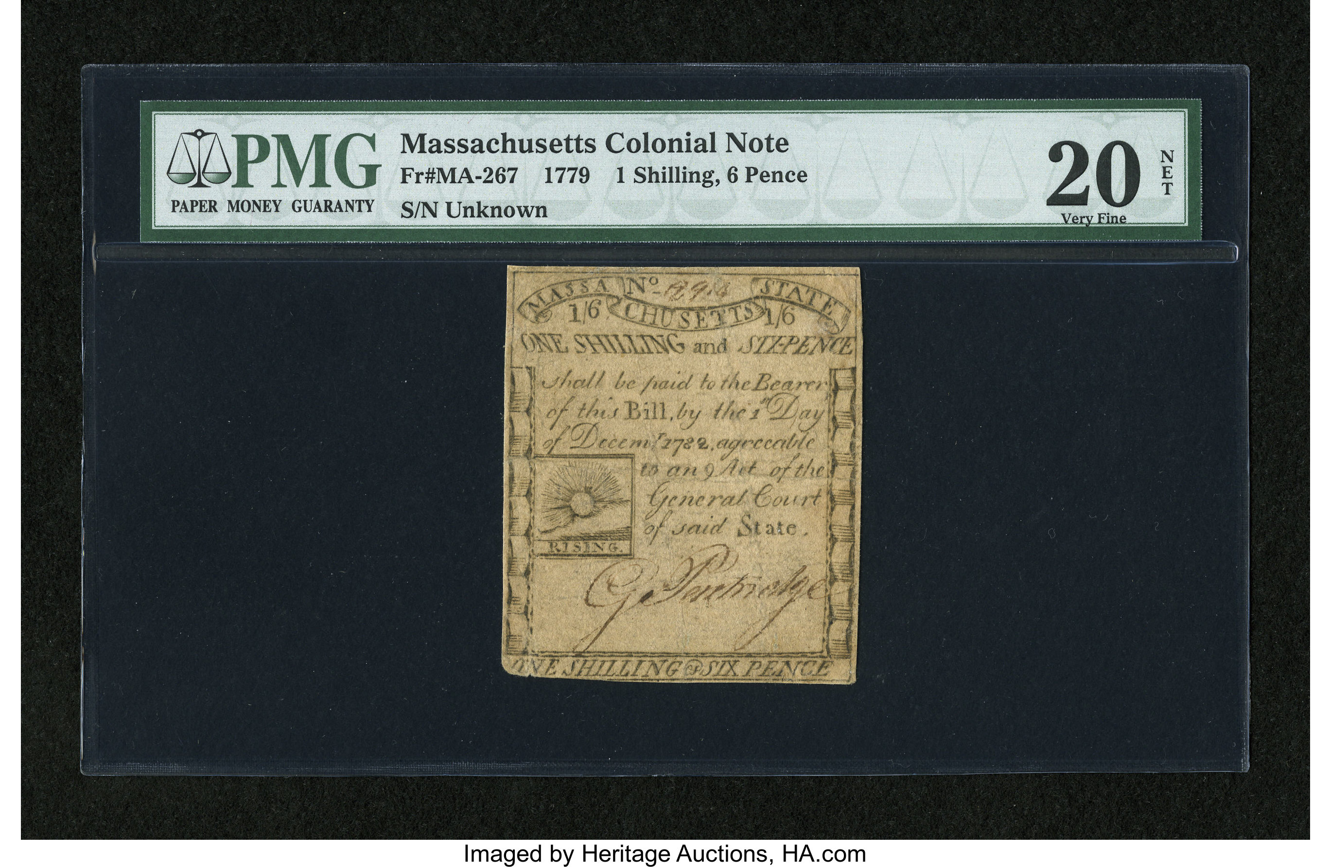 image for: Massachusetts 1779 1s/6d PMG Net Very Fine 20....