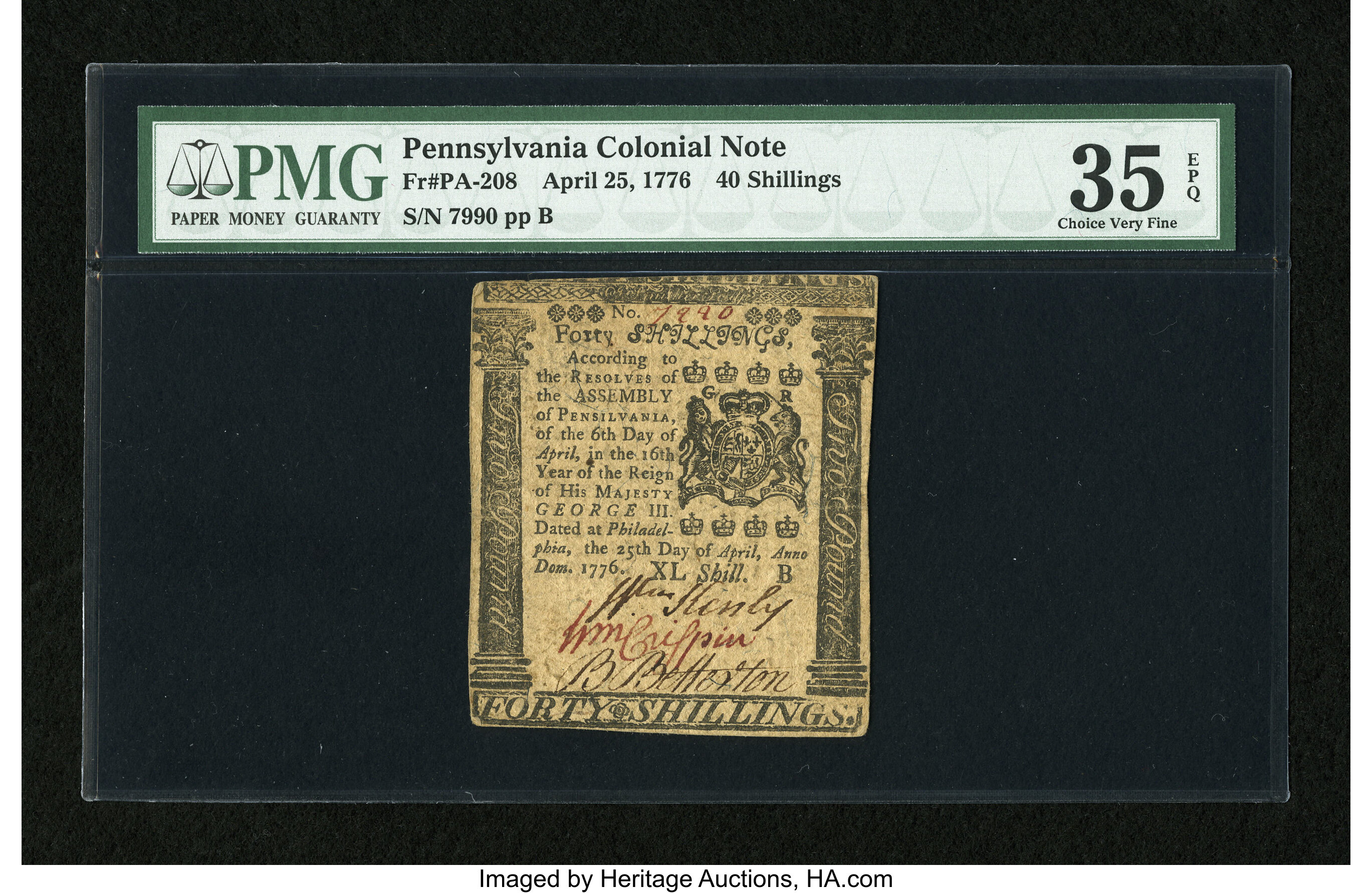 image for: Pennsylvania April 25, 1776 40s PMG Choice Very Fine 35 EPQ....