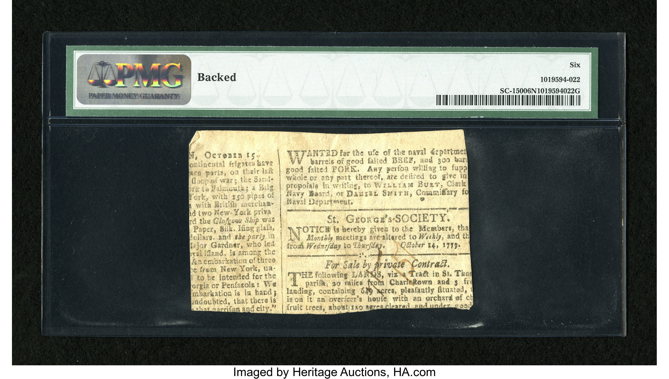 image for: South Carolina April 10, 1778 15s PMG Net Good 6....