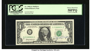 image for: Courtesy Autographed Fr. 1902-G $1 1963B Federal Reserve Note. PCGS Choice About New 58PPQ....