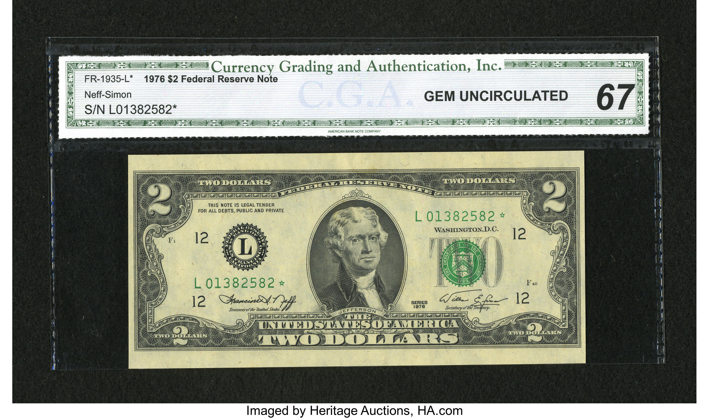 image for: Fr. 1935-L* $2 1976 Federal Reserve Star Note. CGA Gem Uncirculated 67....