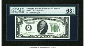 image for: Fr. 2002-A $10 1928B Dark Green Seal Federal Reserve Note. PMG Choice Uncirculated 63 EPQ....