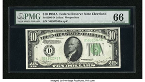 image for: Fr. 2006-D $10 1934A Federal Reserve Note. PMG Gem Uncirculated 66....