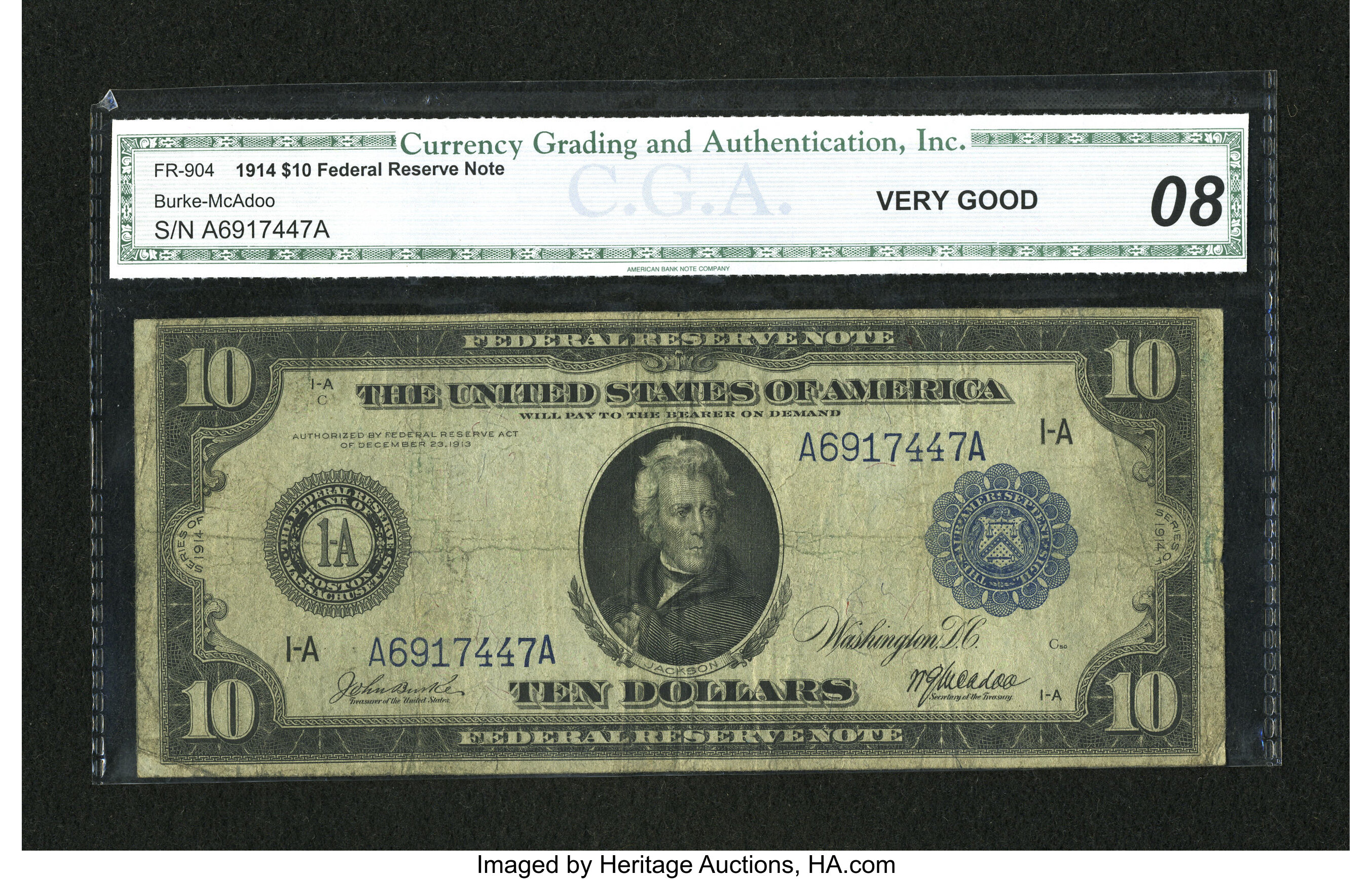 image for: Fr. 904 $10 1914 Federal Reserve Note CGA Very Good 08....