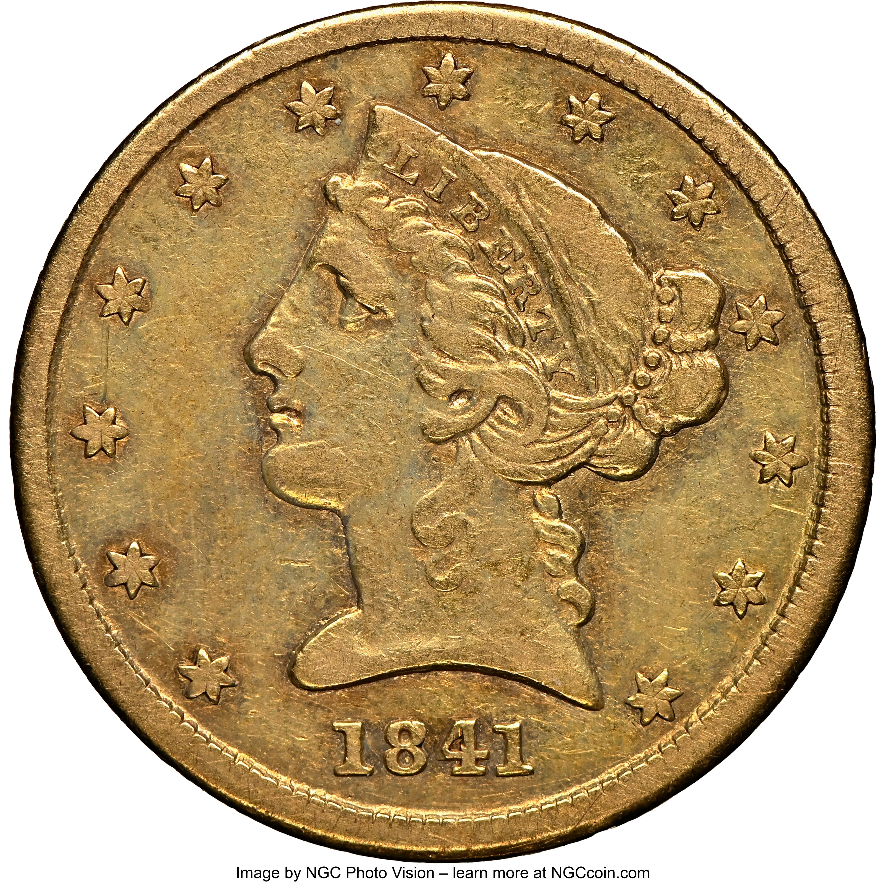 image for: 1841 $5 XF40 NGC. The reverse die cracked, with a bisecting die break that runs from above A in STATES to below I in FIVE. ...