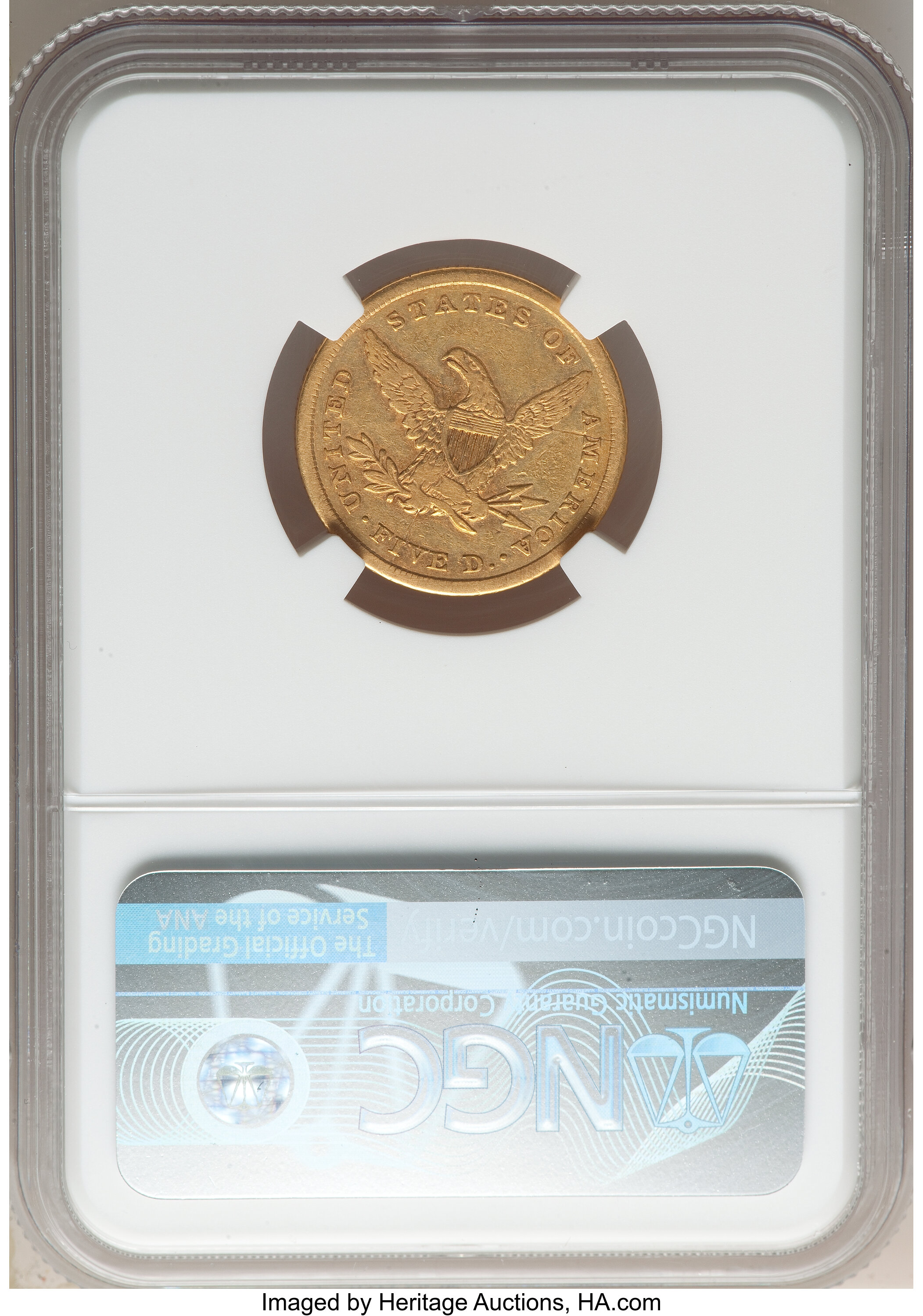 image for: 1841 $5 XF40 NGC. The reverse die cracked, with a bisecting die break that runs from above A in STATES to below I in FIVE. ...