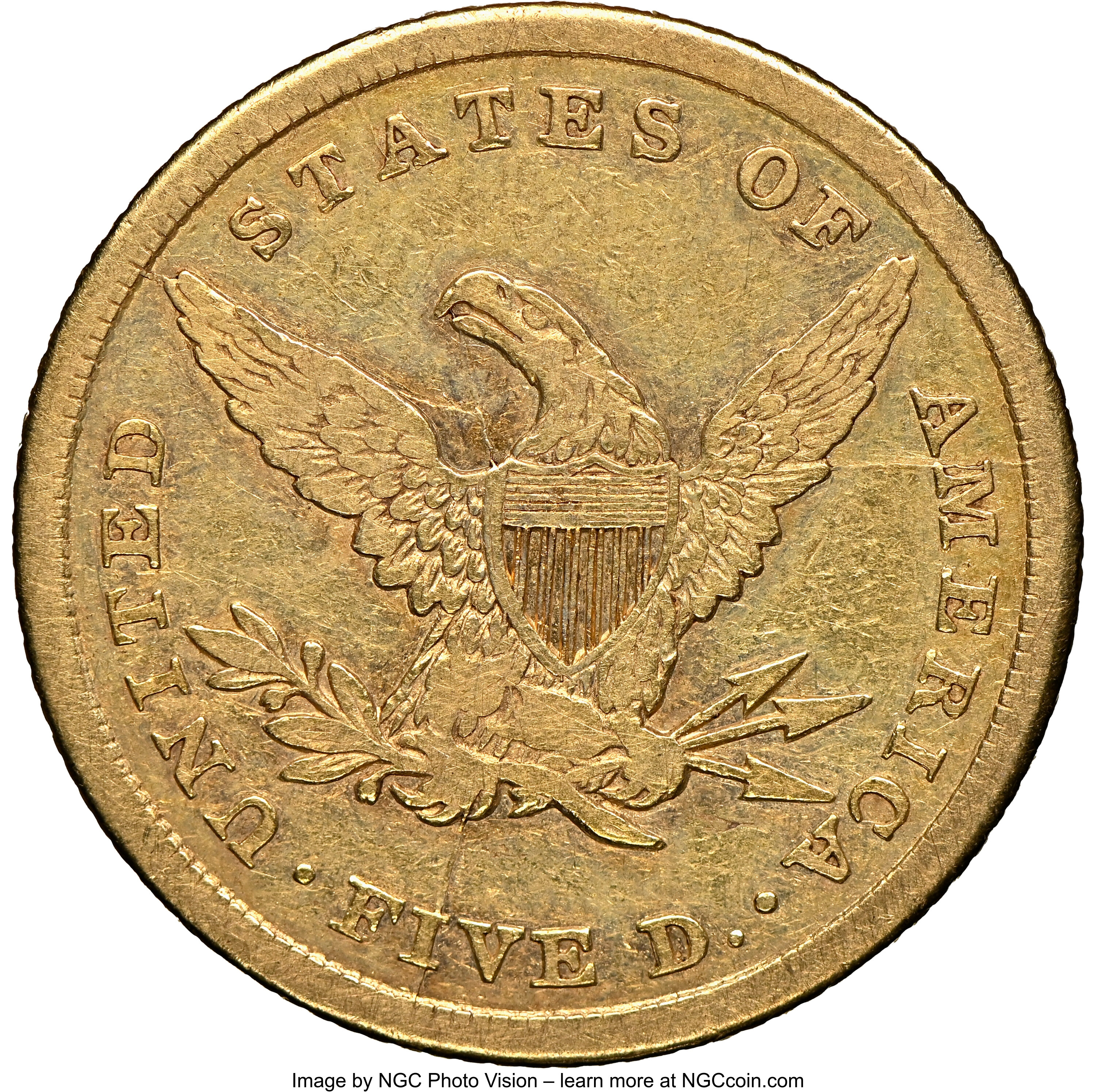 image for: 1841 $5 XF40 NGC. The reverse die cracked, with a bisecting die break that runs from above A in STATES to below I in FIVE. ...