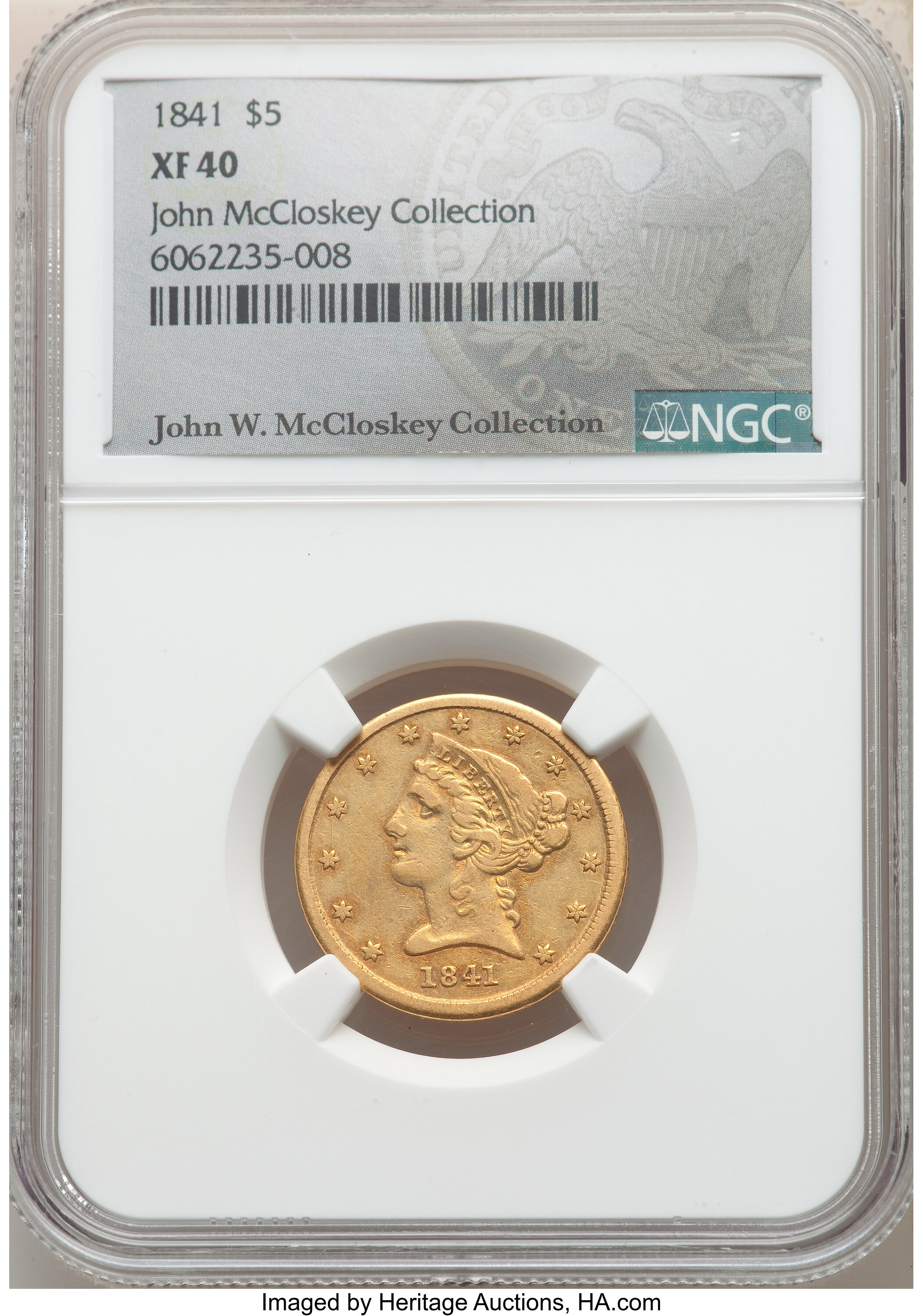 image for: 1841 $5 XF40 NGC. The reverse die cracked, with a bisecting die break that runs from above A in STATES to below I in FIVE. ...