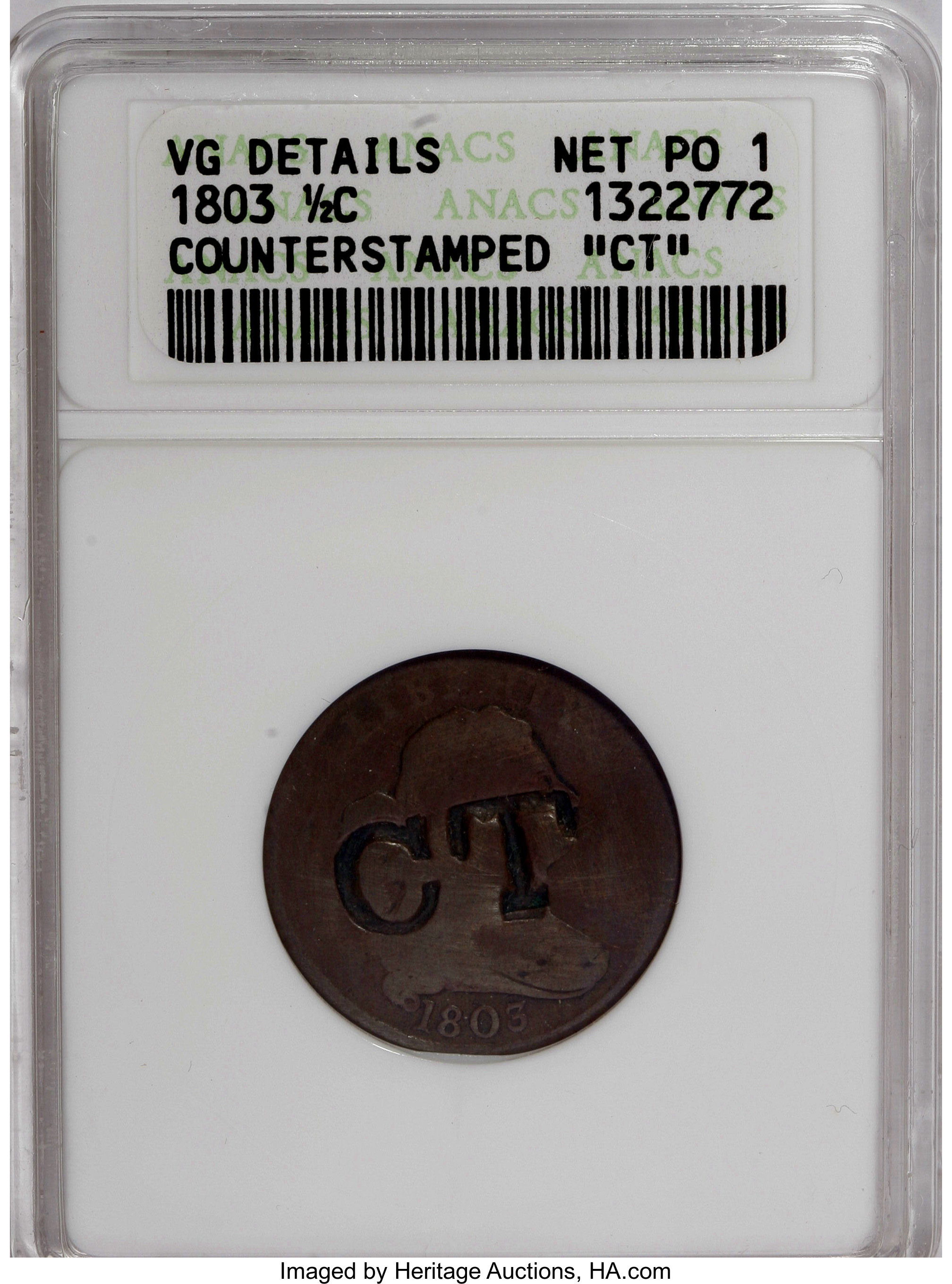1803 1/2 C "CT"--Counterstamped--P1 ANACS. VG Details Net PO1 . NGC Census: (0/101). PCGS Population (0/135). Mintage: 92...