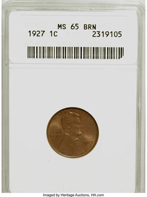 image for: 1927 1C MS65 Brown ANACS. NGC Census: (5/0). PCGS Population (0/0). Mintage: 144,440,000. Numismedia Wsl. Price for NGC/PCG...