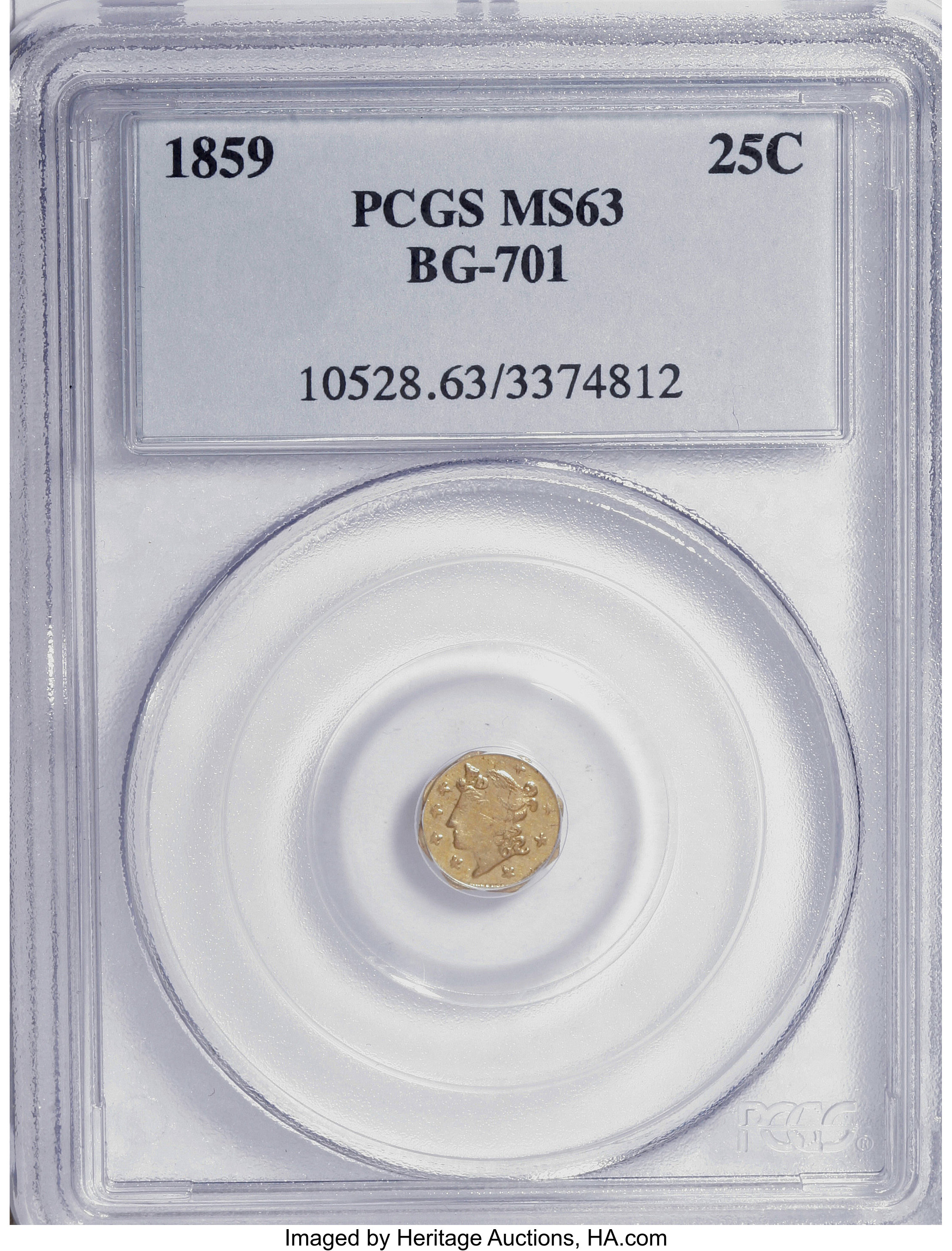 image for: 1859 25C Liberty Octagonal 25 Cents, BG-701, Low R.6, MS63 PCGS. PCGS Population (8/7). NGC Census: (0/0).   (#10528)Fr...