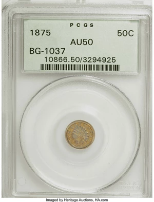 image for: 1875 50C Indian Round 50 Cents, BG-1037, R.4, AU50 PCGS. PCGS Population (3/62). NGC Census: (0/7). (#10866)From The ...