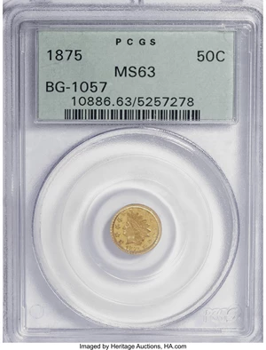 image for: 1875 50C Indian Round 50 Cents, BG-1057, High R.5, MS63 PCGS. PCGS Population (7/10). NGC Census: (3/0). (#10886)From...