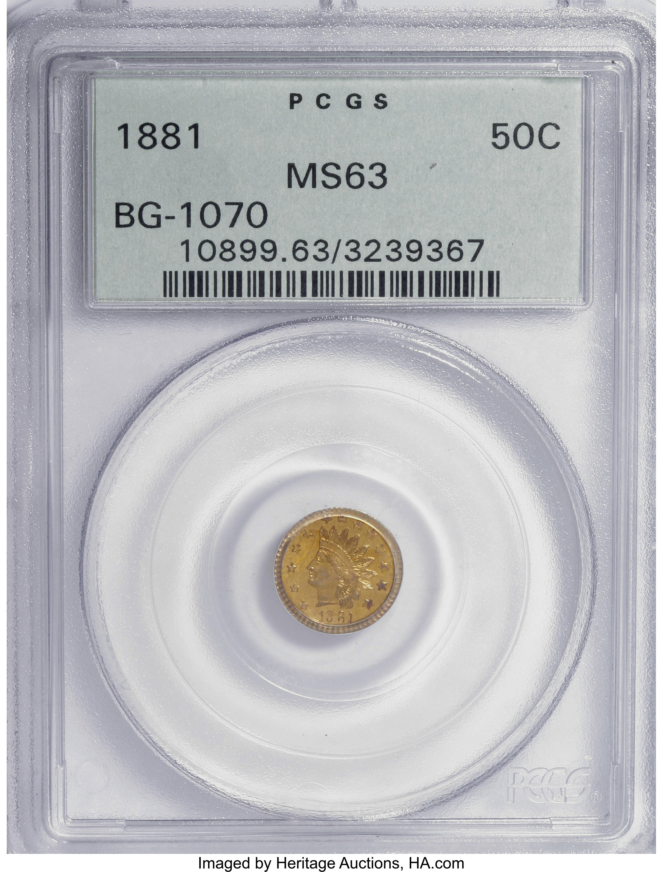 image for: 1881 50C Indian Round 50 Cents, BG-1070, R.5, MS63 PCGS. PCGS Population (9/9). NGC Census: (0/4).   (#10899)From The H...