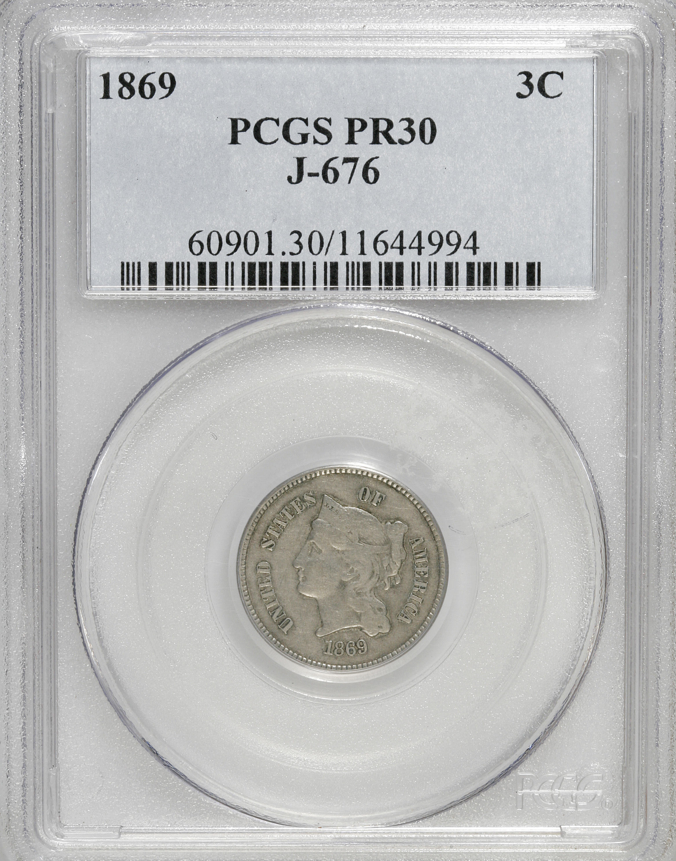 image for: 1869 3CN Three Cent Nickel, Judd-676, Pollock-753, 755, R.4, PR30 PCGS. PCGS Population (2/46). NGC Census: (0/19).   (#609...