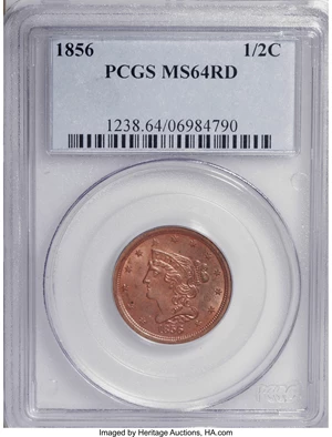 image for: 1856 1/2 C MS64 Red PCGS....
