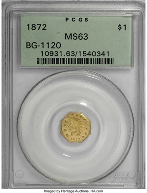 image for: 1872 $1 Indian Octagonal 1 Dollar, BG-1120, Low R.5, MS63 PCGS....
