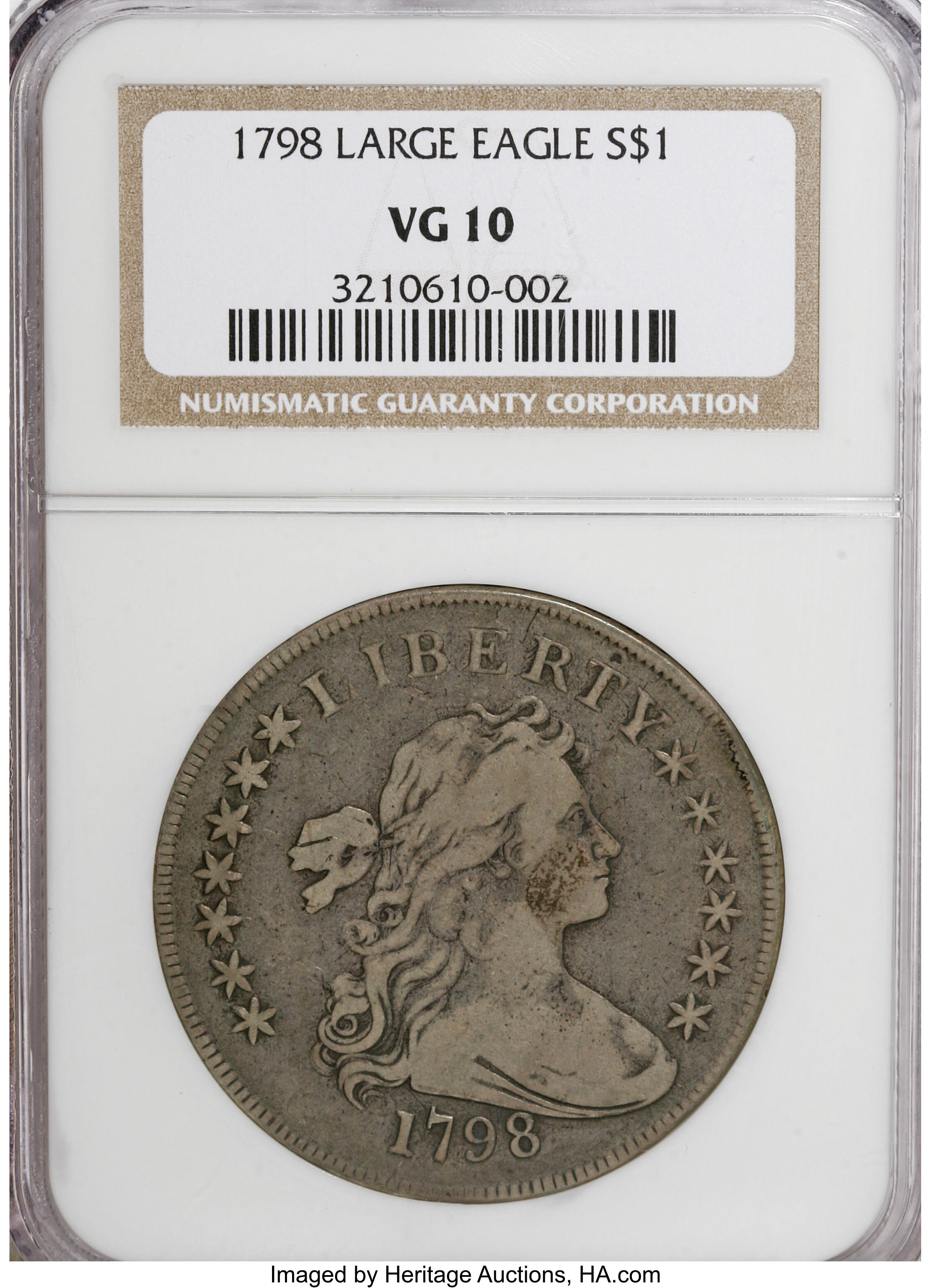 image for: 1798 $1 Large Eagle, Knob 9, 4 Vertical Lines, B-7, BB-95, R.5, VG10 NGC....