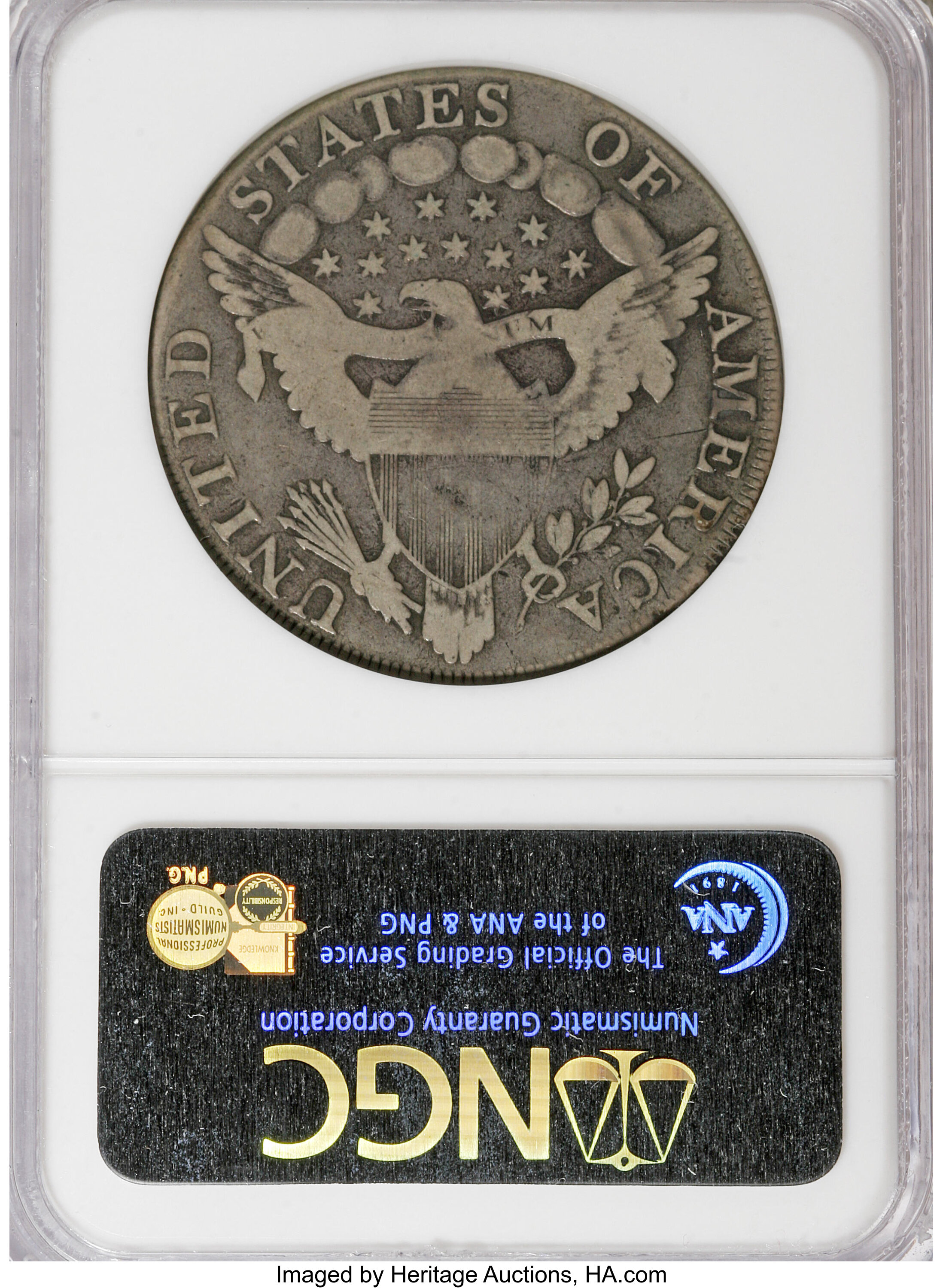 image for: 1798 $1 Large Eagle, Knob 9, 4 Vertical Lines, B-7, BB-95, R.5, VG10 NGC....