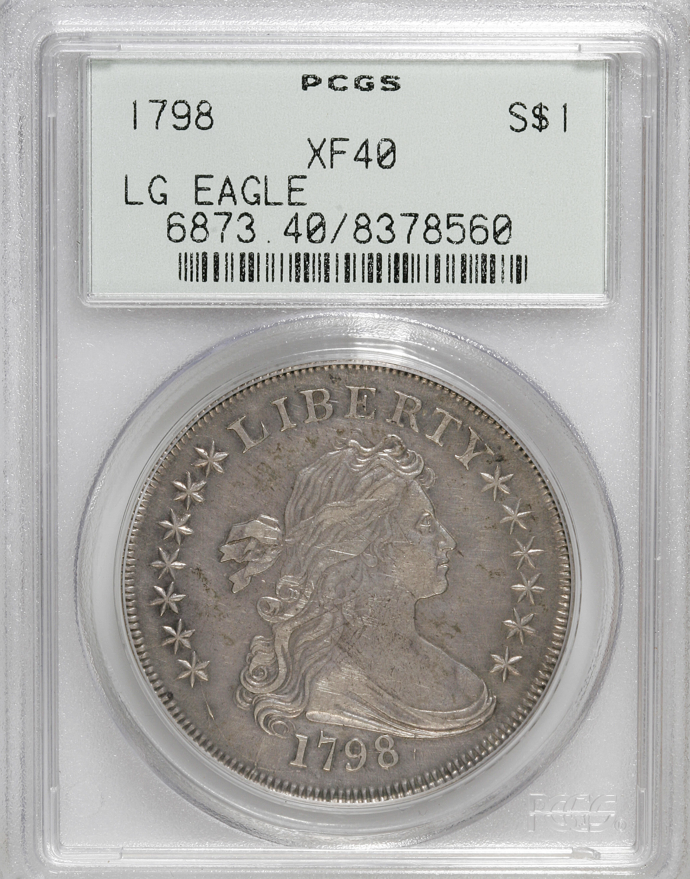 image for: 1798 $1 Large Eagle, Knob 9, 5 Vertical Lines, 10 Arrows, B-6, BB-96, R.3, XF40 PCGS....