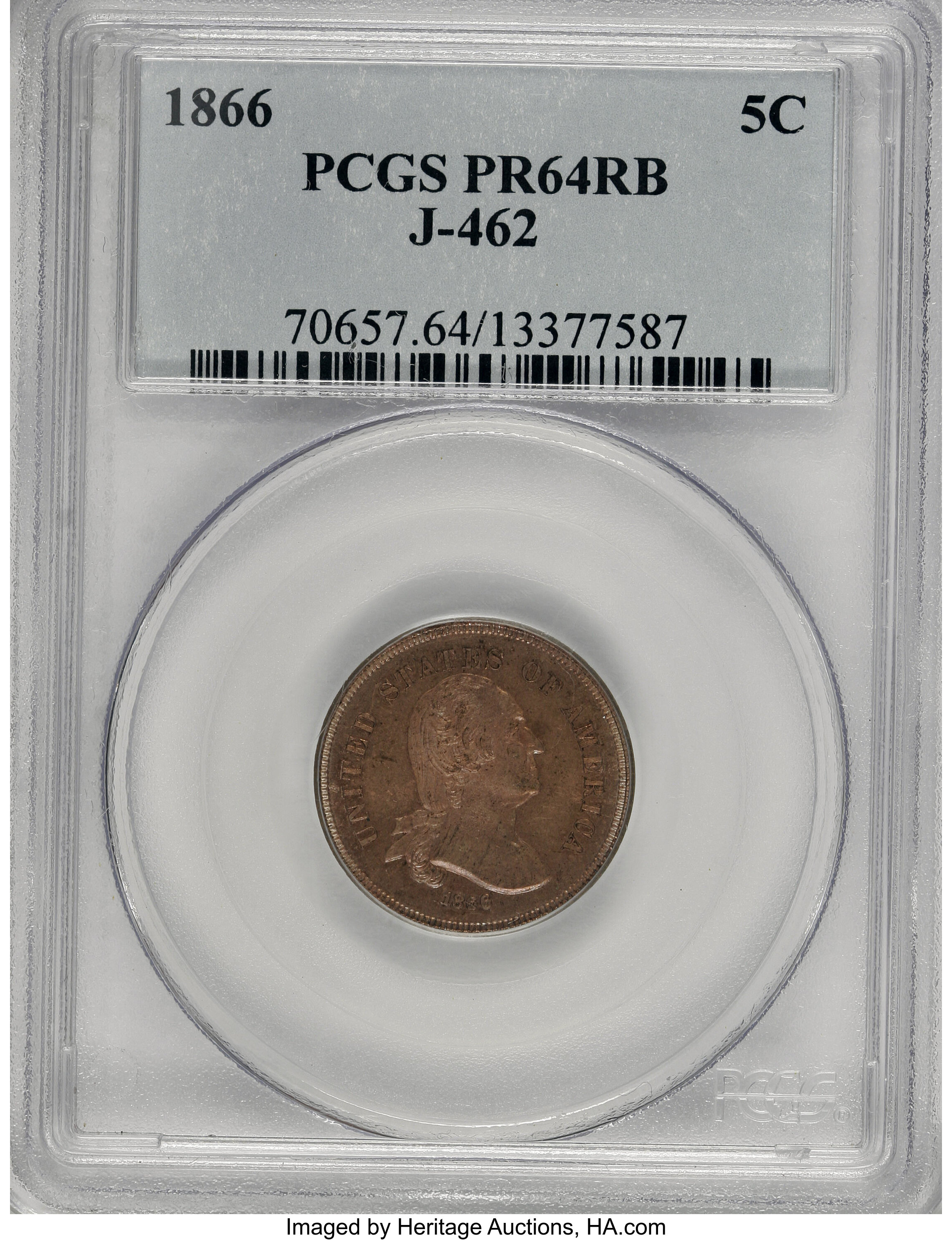 image for: 1866 5C Washington Five Cents, Judd-462, Pollock-536, Low R.7, PR64 Red and Brown PCGS....