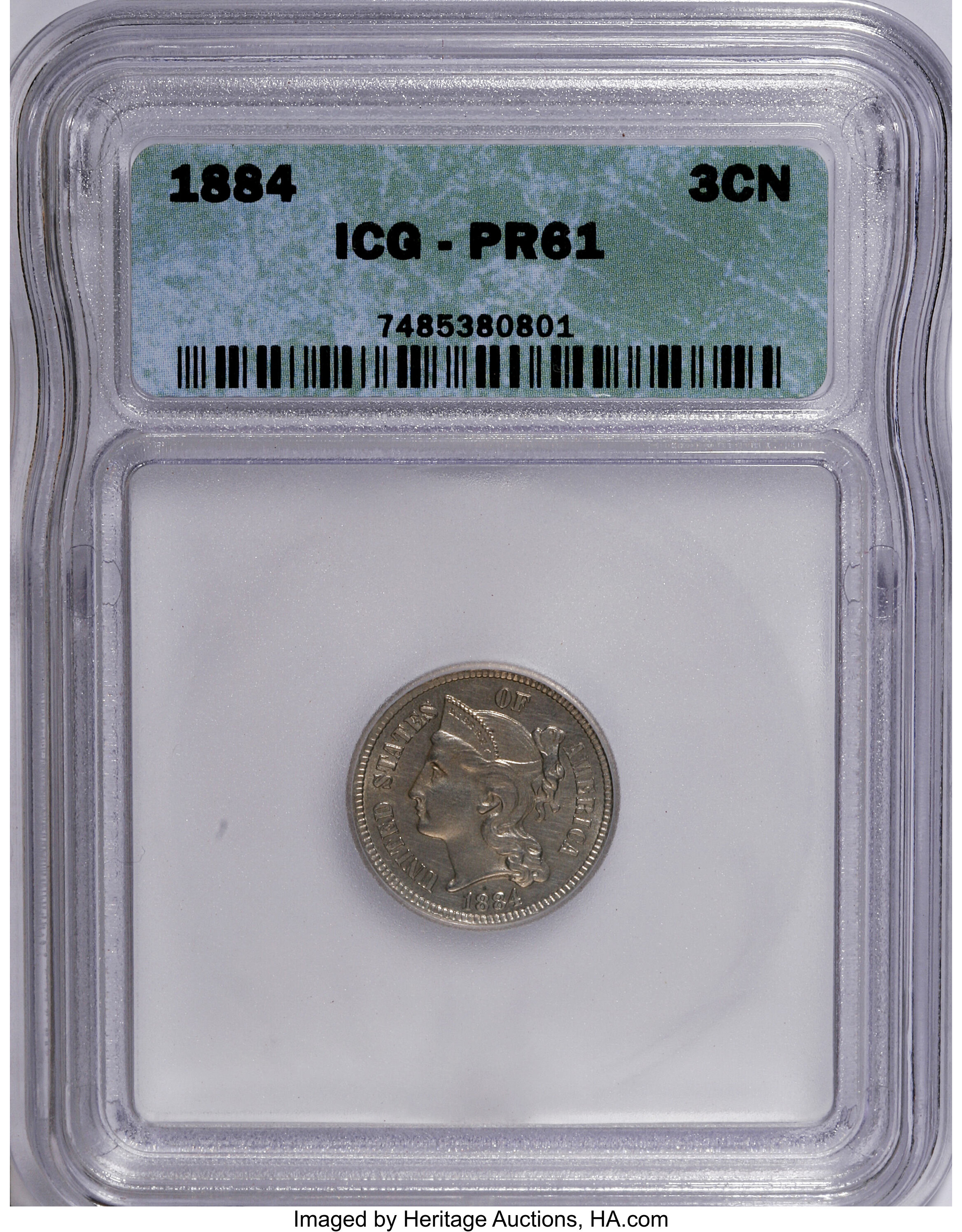 1884 3CN PR61 ICG. NGC Census: (4/877). PCGS Population (5/1022). Mintage: 3,942. Numismedia Wsl. Price for NGC/PCGS coin i...