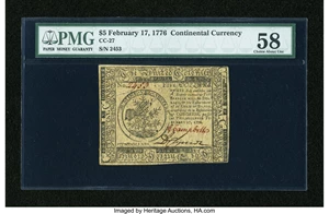 image for: Continental Currency February 17, 1776 $5 PMG Choice About Unc 58....