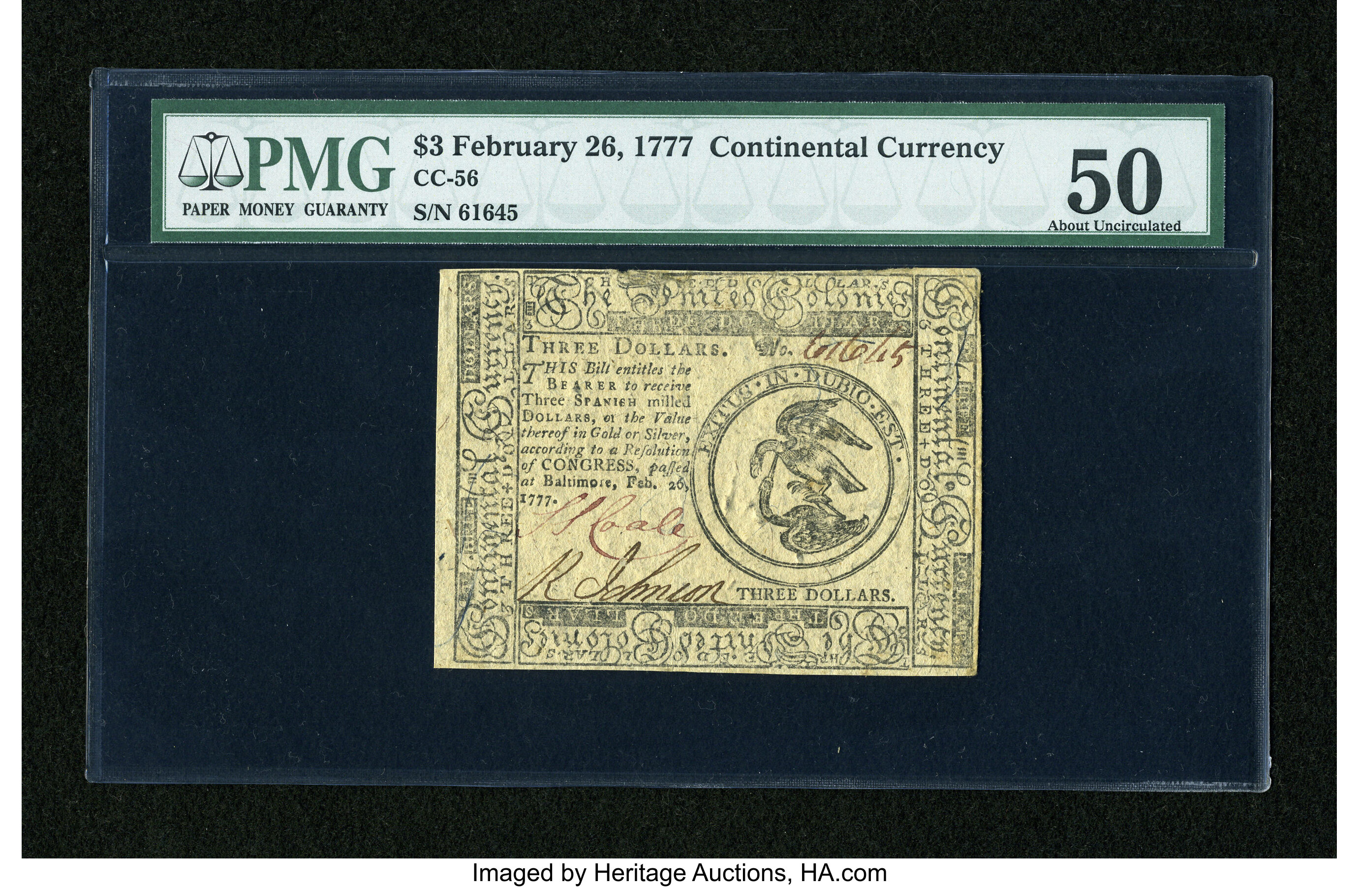 image for: Continental Currency February 26, 1777 $3 PMG About Uncirculated 50....
