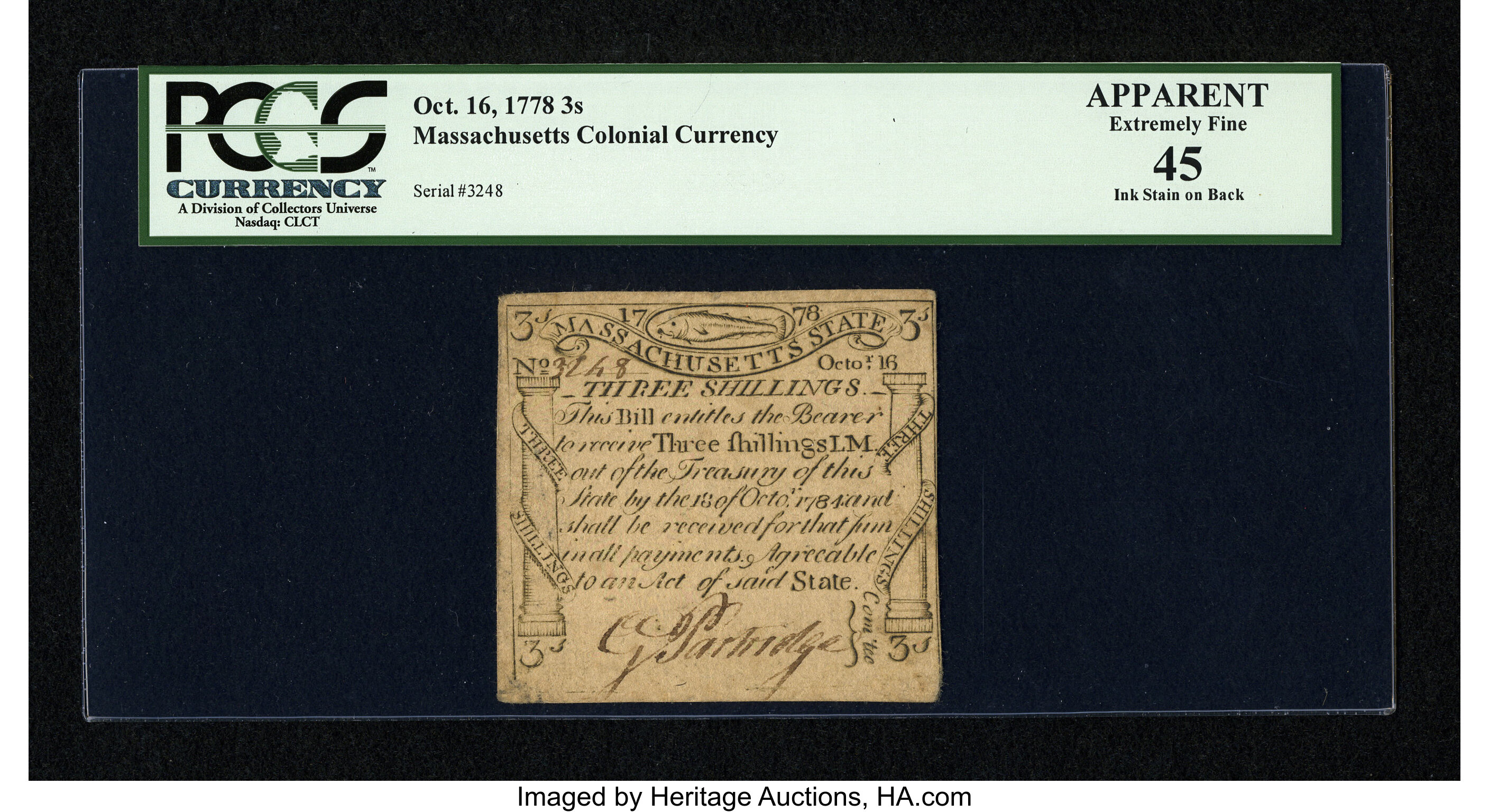 image for: Massachusetts October 16, 1778 3s PCGS Apparent Extremely Fine 45....