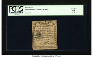 image for: Massachusetts 1779 4s6d PCGS Very Fine 25....