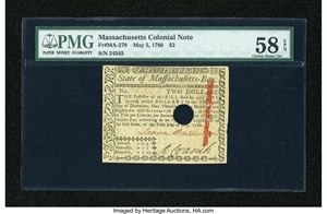 image for: Massachusetts May 5, 1780 $2 PMG Choice About Unc 58 EPQ....