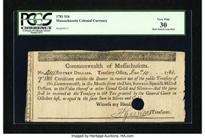 image for: Massachusetts 1781 $16 PCGS Very Fine 30....