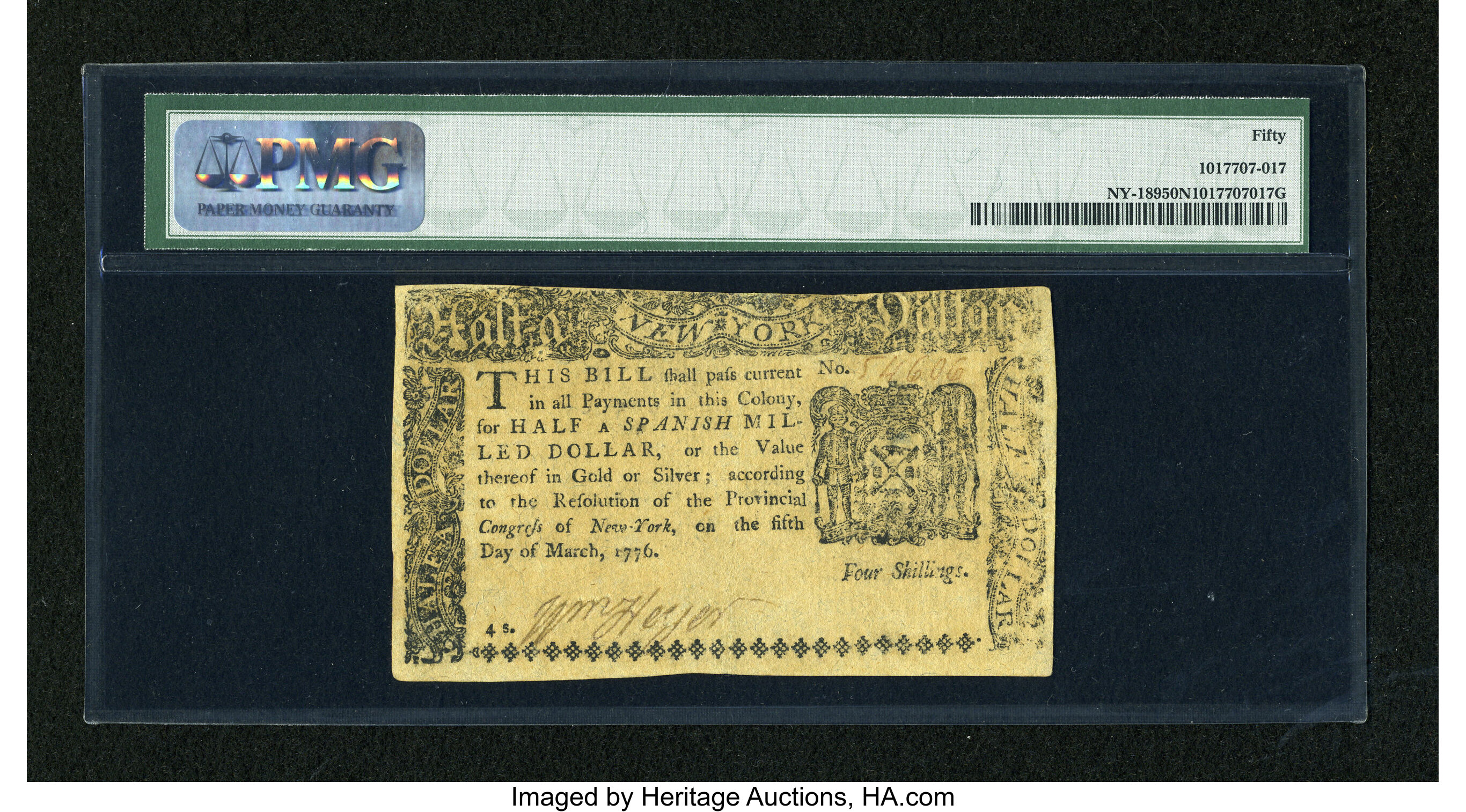 image for: New York March 5, 1776 $1/2 PMG About Uncirculated 50 Net....