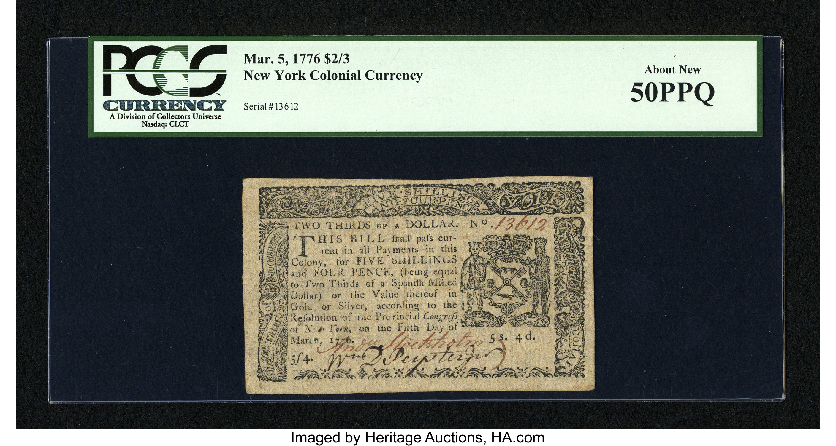 image for: New York March 5, 1776 $2/3 PCGS About New 50PPQ....