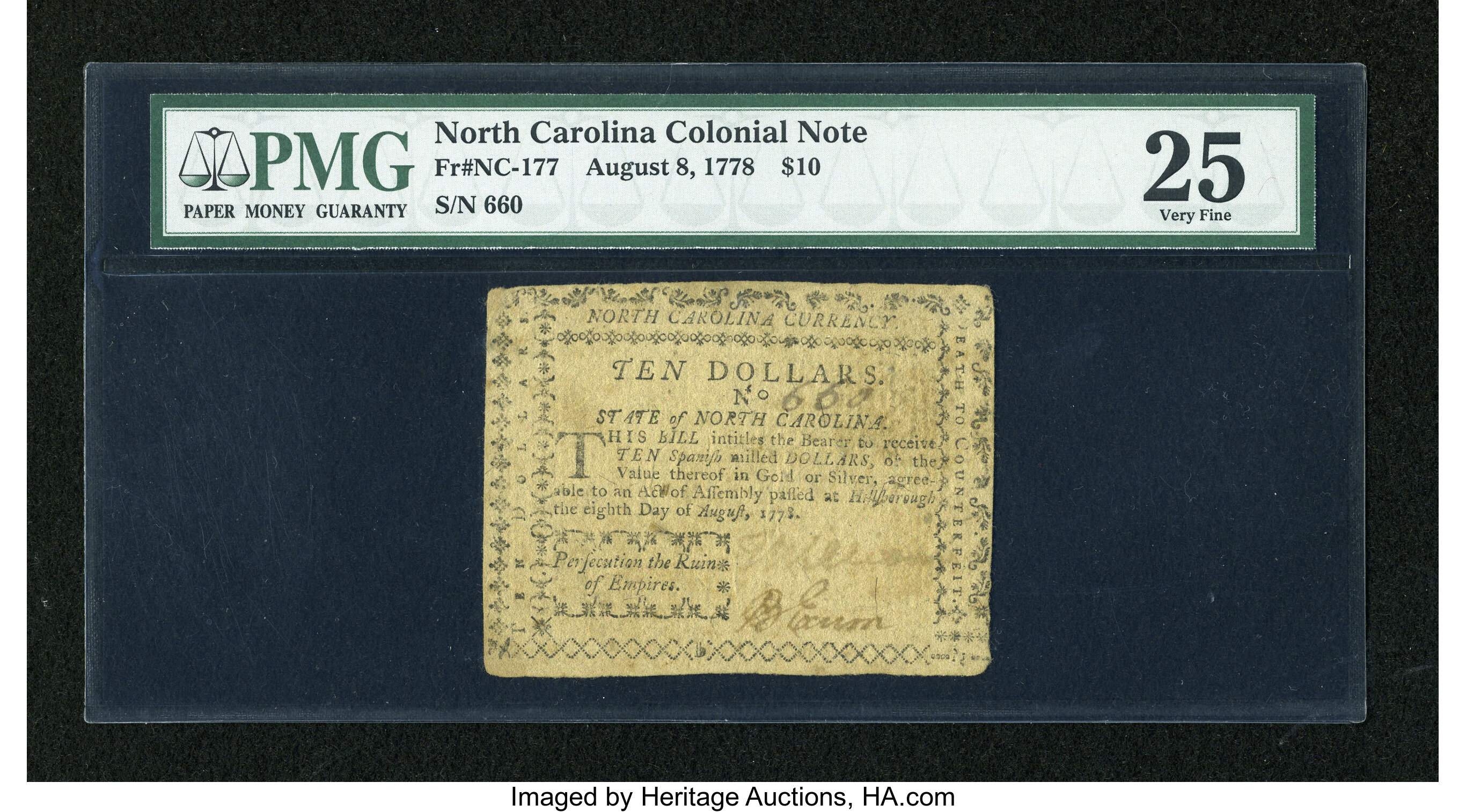 image for: North Carolina August 8, 1778 $10 PMG Very Fine 25....