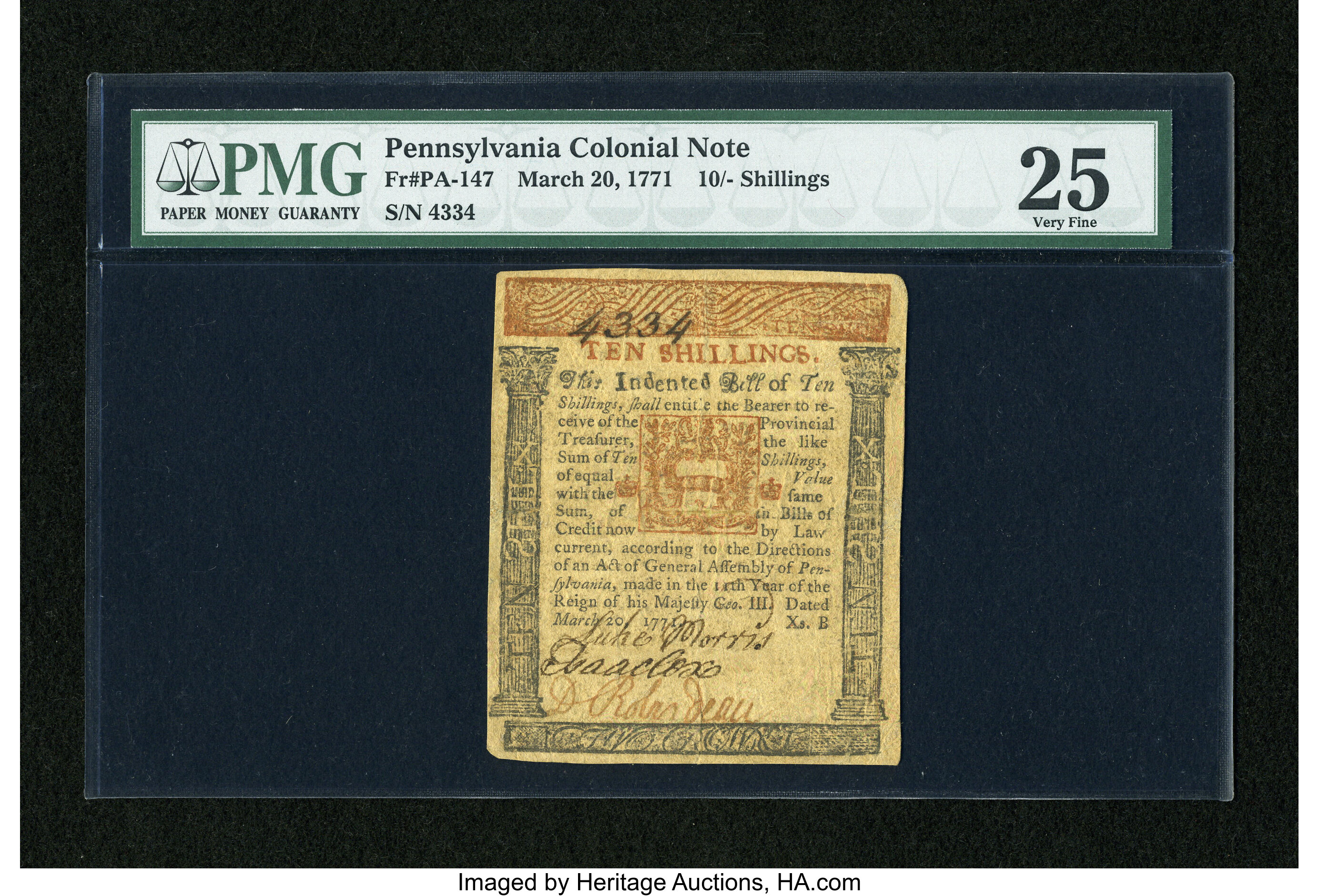 image for: Pennsylvania March 20, 1771 10s PMG Very Fine 25....